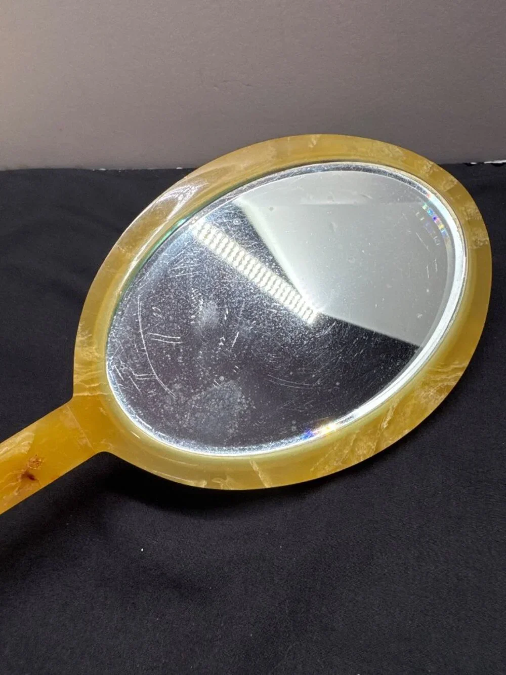 Vintage Art Deco Tortoiseshell Bakelite Hand Mirror Marbled Yellow Handle And Ov